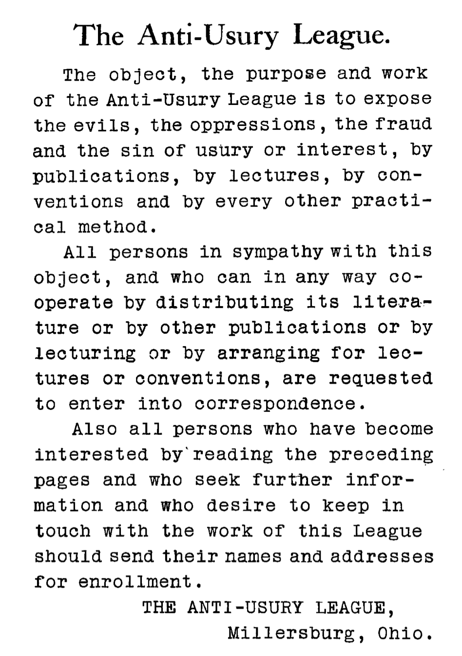 Published by The Anti-Usury League, Ohio